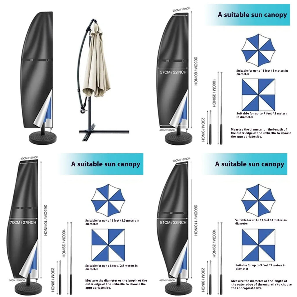 Waterproof Oxford cloth umbrella cover in grey, sized for banana-shaped offset umbrellas up to 280cm.