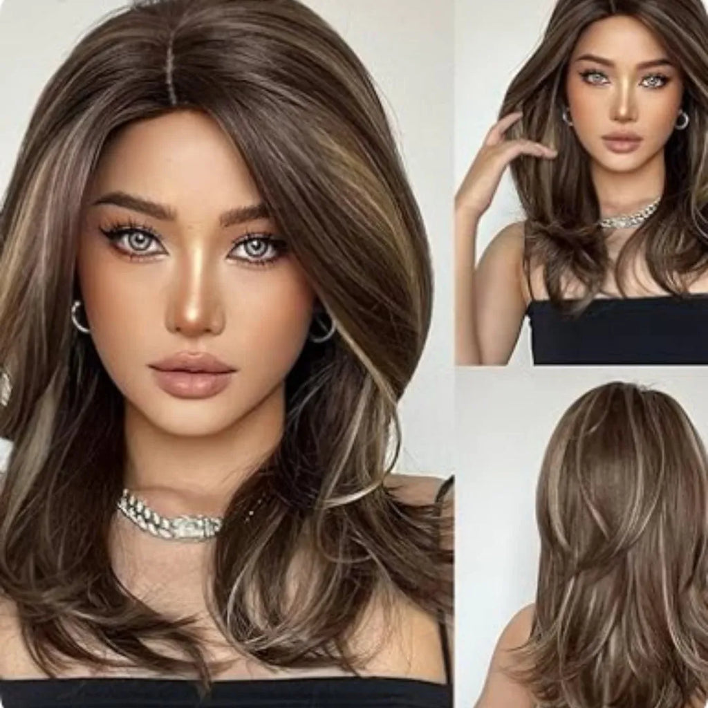 Mid-length synthetic wig with gradient colour and long curly style with bangs