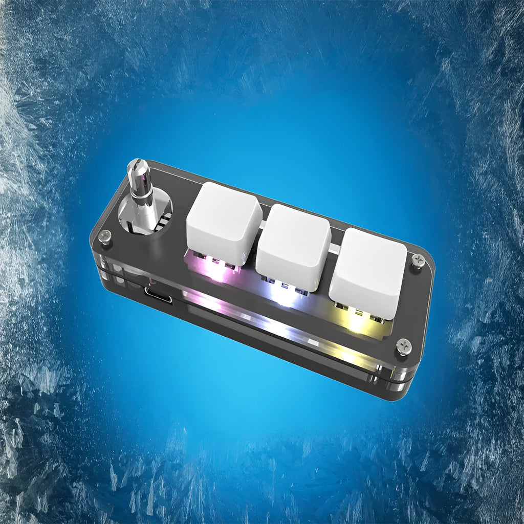 Black custom mechanical keypad with RGB backlight showing copy and paste keys, measuring 15cm wide