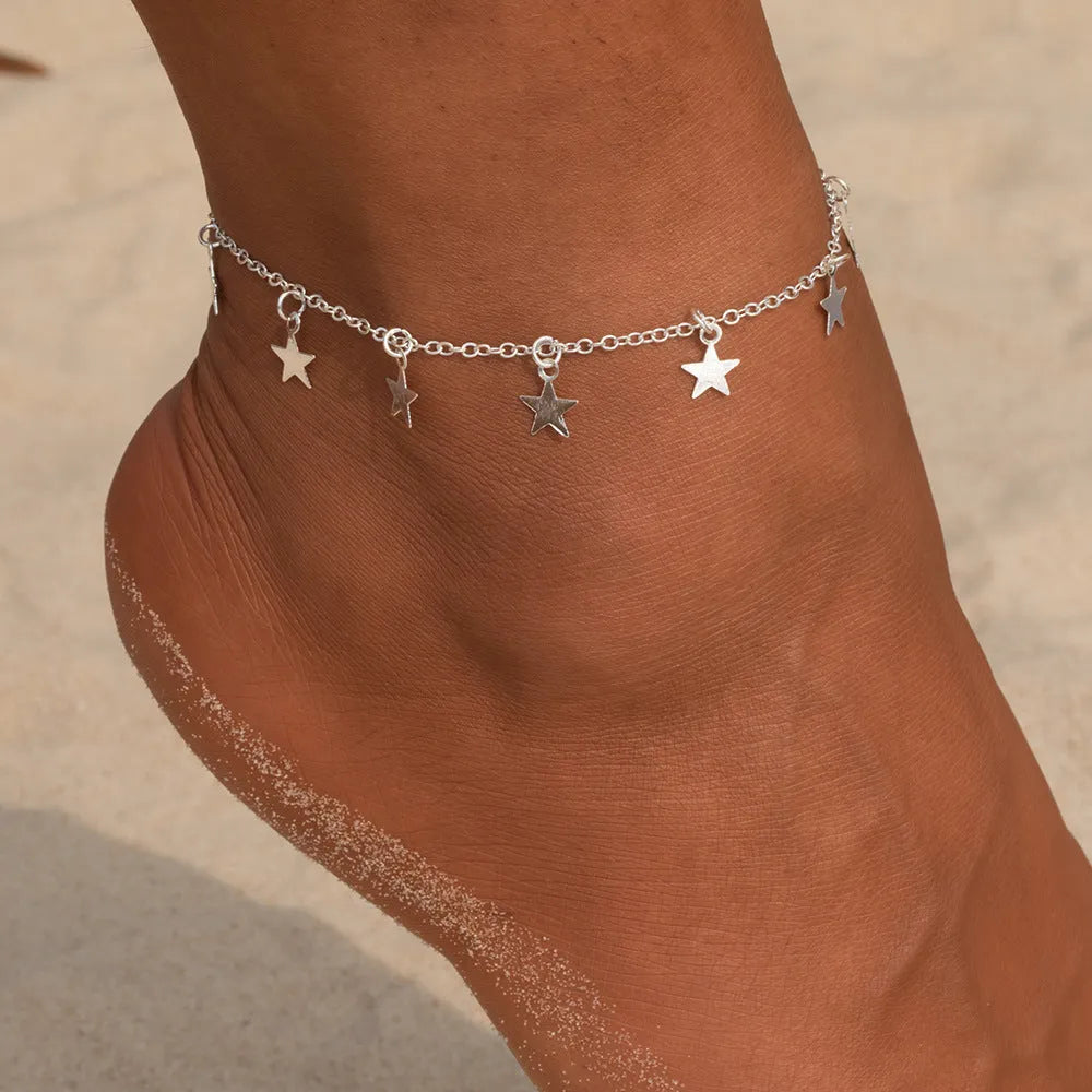 Simple star fashion anklet in gold or silver electroplated alloy, women's geometric ankle jewellery, individually packed