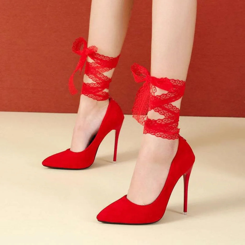 Women's thin shallow mouth strap shoes with pointed toe, available in black or red with 10cm or 12cm heels