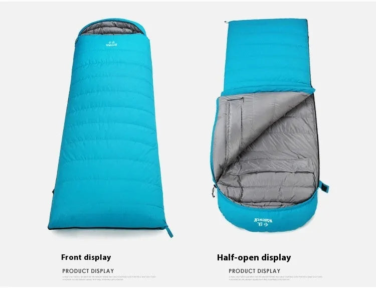 Black outdoor sleeping bag with envelope structure, white goose down filler, and 320t tear-resistant nylon fabric