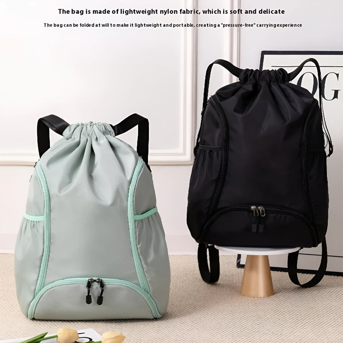 Cube style drawstring sports backpack in black, gray, green, mint green, or pink colour options