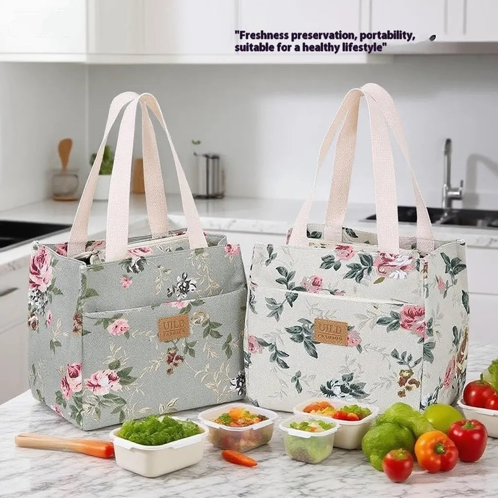 Women's portable printed canvas handbag with floral or animal motifs, aluminium hardware, and horizontal square shape