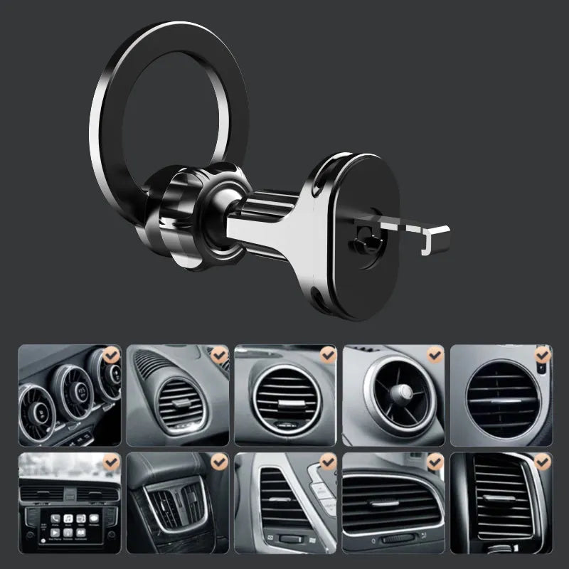 Black magnetic car phone holder attached to vehicle air vent with O-ring bracket design