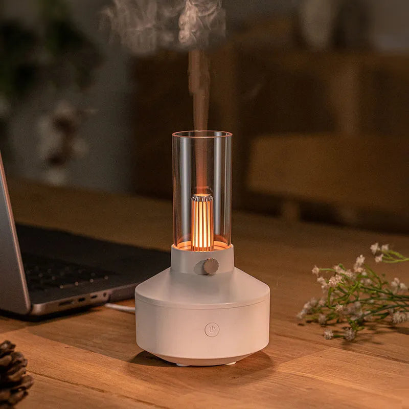 Retro 150ml ultrasonic humidifier with candlelight night light, black or white, USB aroma diffuser