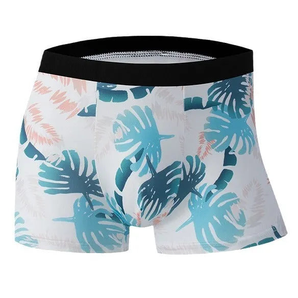 Men's ice silk underwear with fashion printing in polyester fabric showing breathable mid-waist design