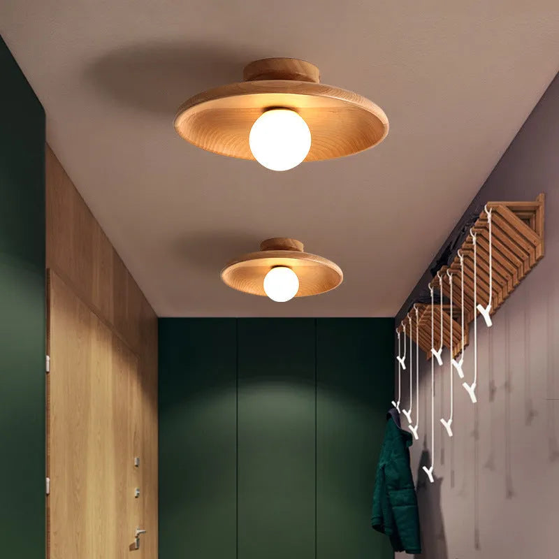 Aisle Ceiling Lamp in solid wood with glass shade, available in wood or walnut colour, diameters 18cm, 28cm, 35cm.