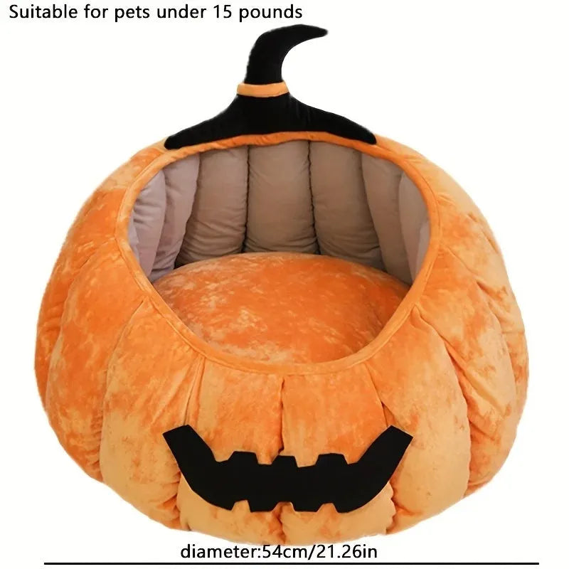 Halloween-themed cat bed with cartoon devil pumpkin design in soft plush material for small pets