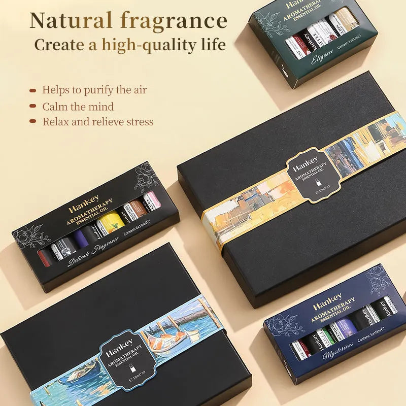 Boxed set of water-soluble aromatherapy essential oil bottles for diffusers.