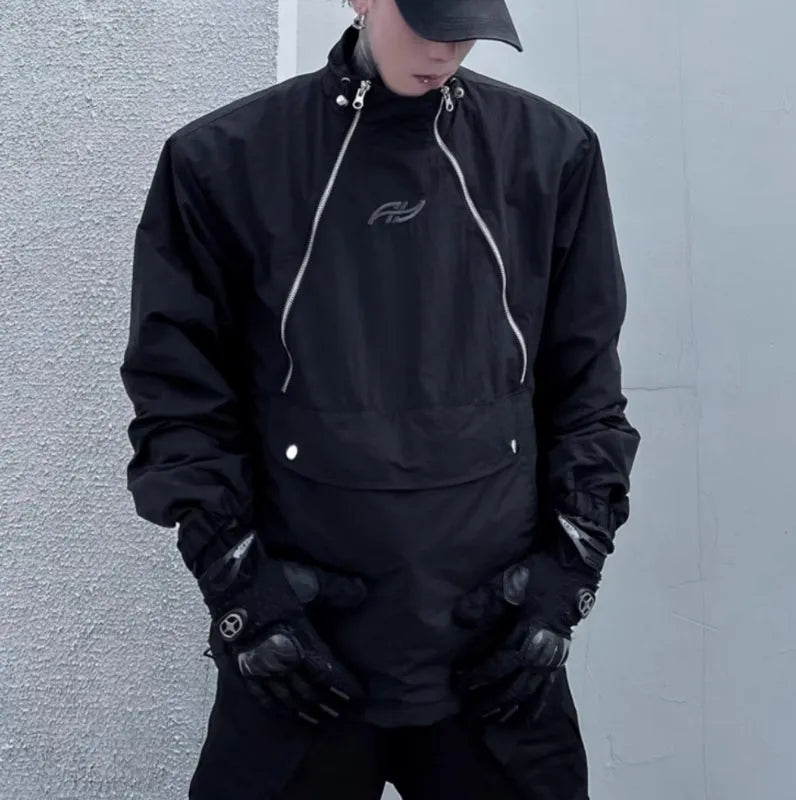 Black polyester shell jacket with double zipper and stand collar, sizes M L XL