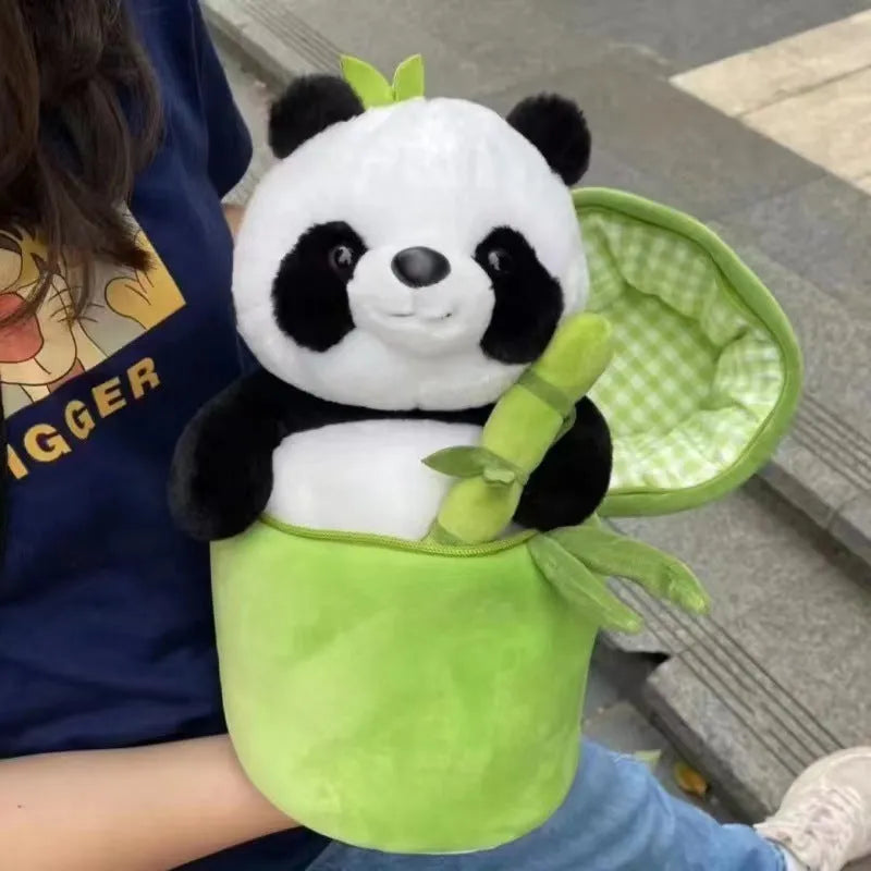Panda plush doll pillow holding simulated bamboo tube, black and white soft toy