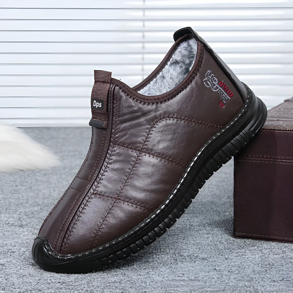 Brown men's winter cotton boots with buckle fastening and a thick non-slip platform sole