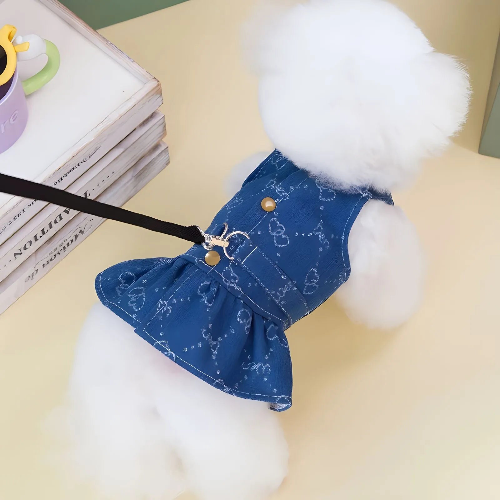Teddy Bichon wearing denim princess dress in bracket-skirt style, small dog clothing for spring and autumn