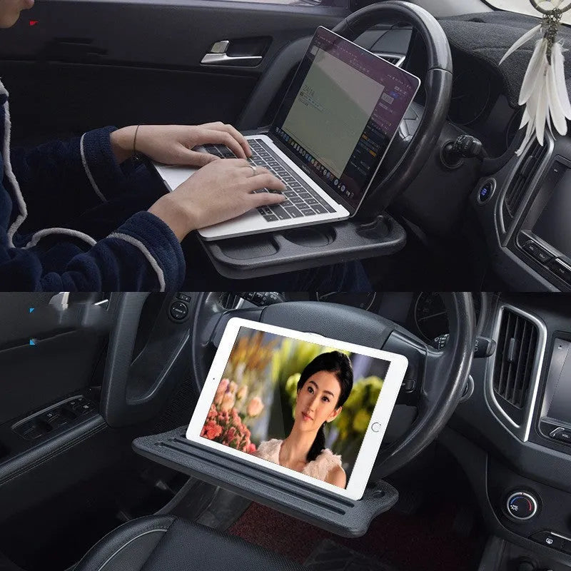 Black foldable plastic car desk measuring 42 by 28 centimetres, shown as a multifunctional vehicle tray