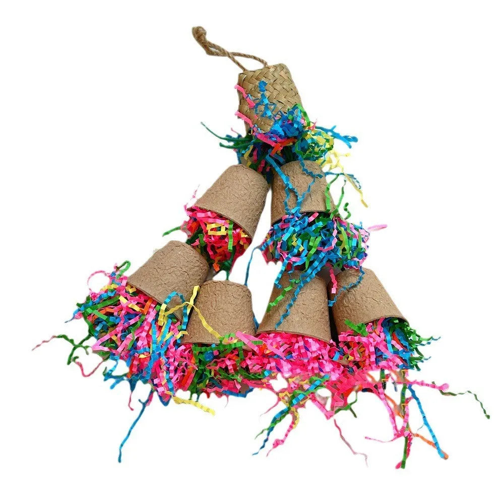 Parrot paper cup palm weaving gnawing toy with wood colour hanging at 38cm height