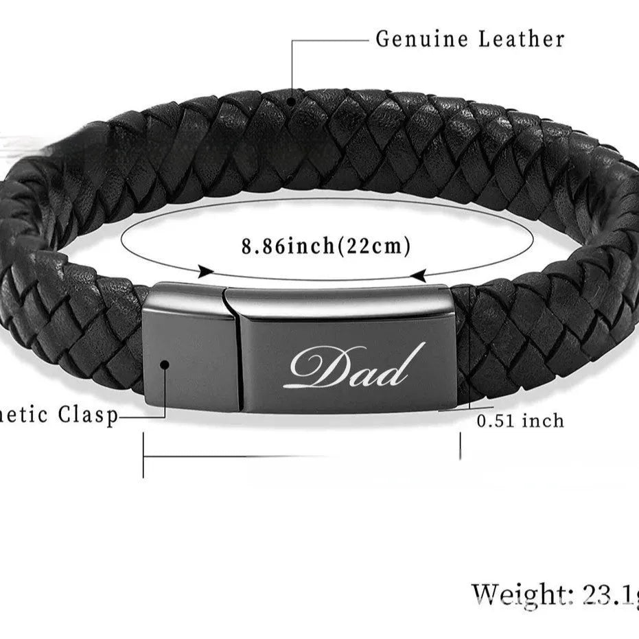 Black woven stainless steel and leather cinerary casket bracelet with engraved text.