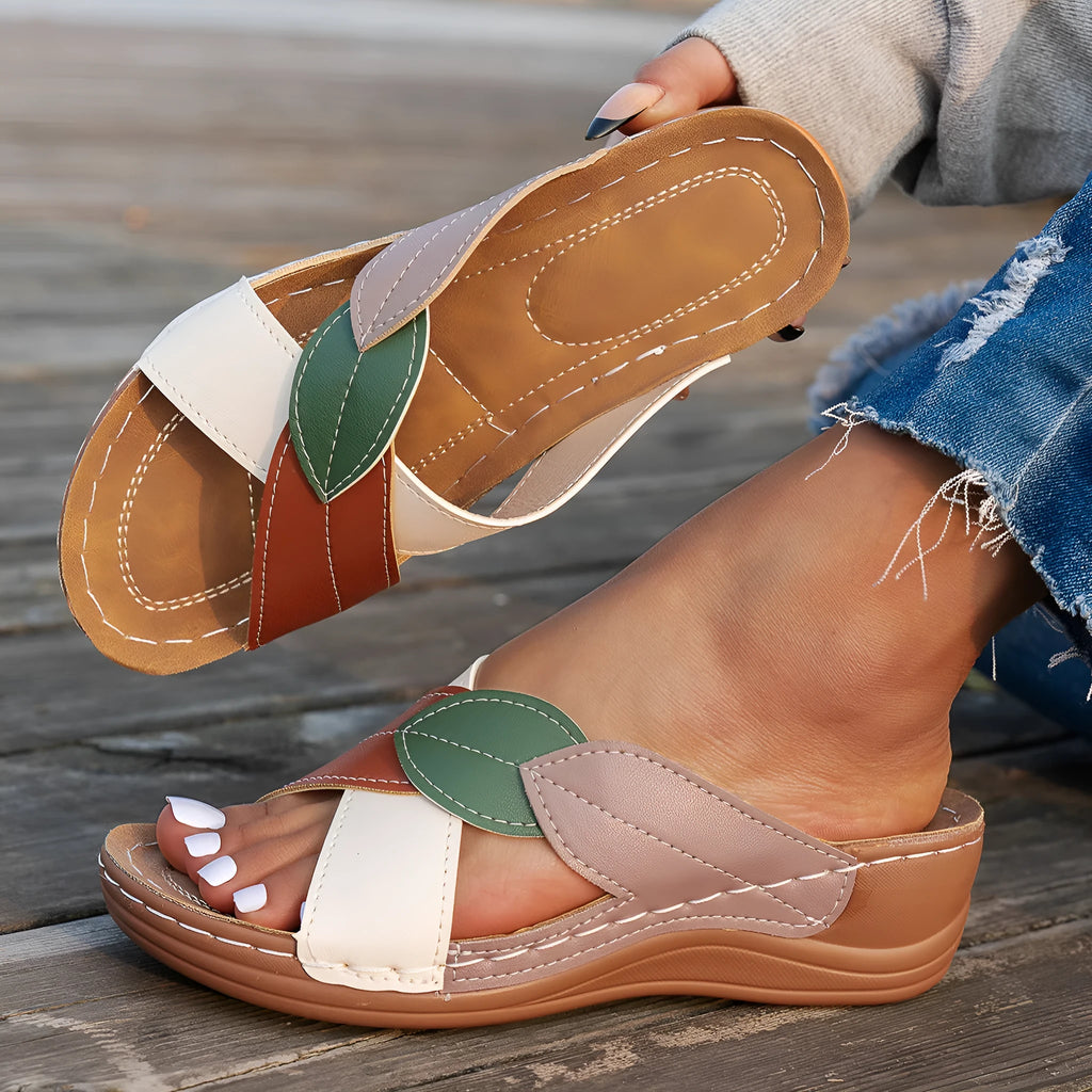 Women's casual slippers with thick soles, cross-strap design, and peep-toe in black, red, and white colours