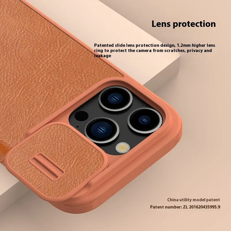 Imitation leather flip phone case for iPhone 15 and iPhone 14 Pro Max in black, brown, or red.