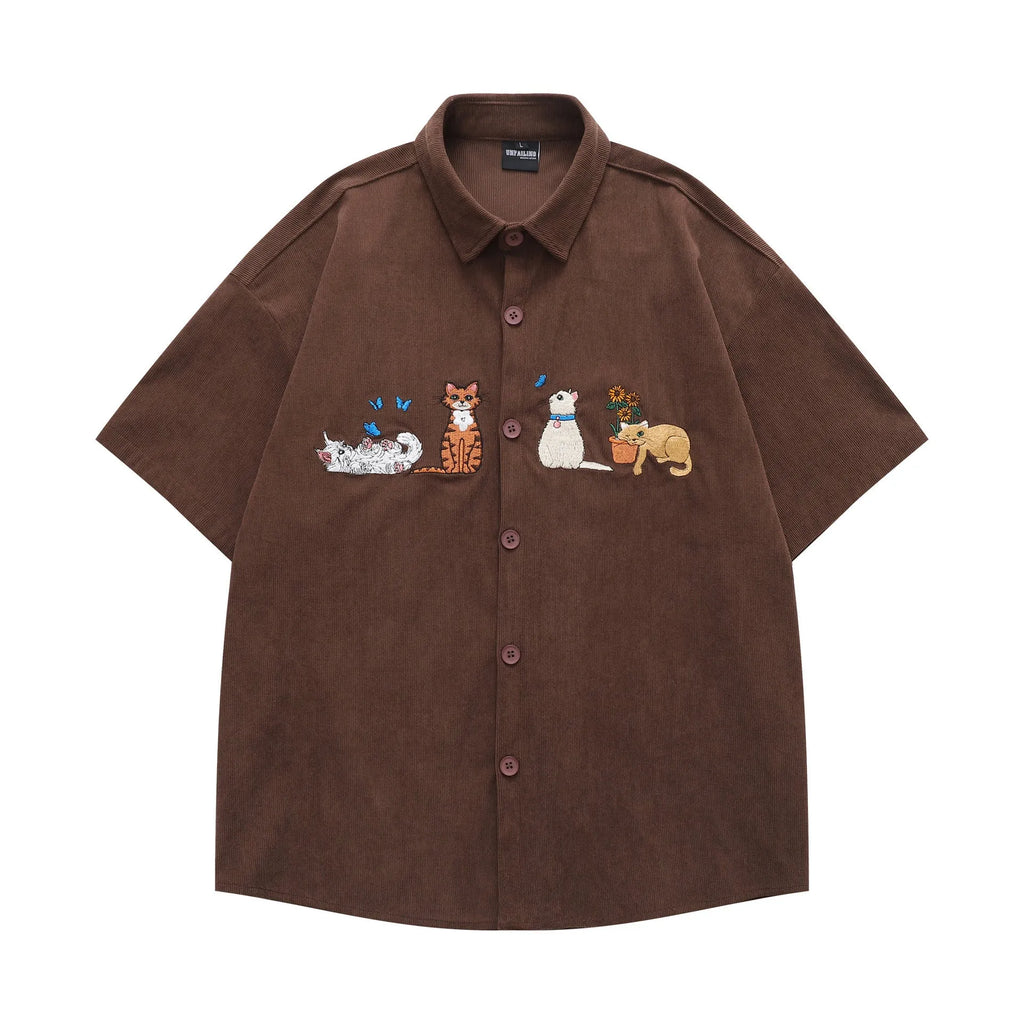 Cartoon embroidery loose couple shirt in polyester available in apricot, brown and black colours