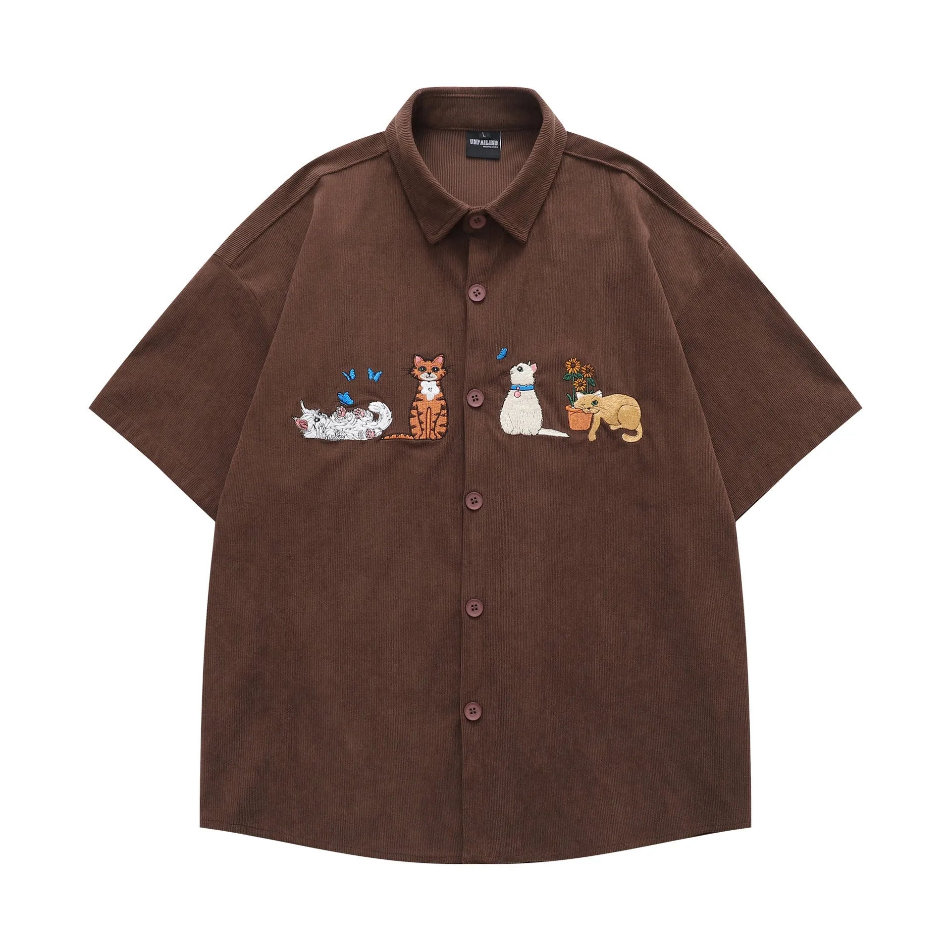 Cartoon embroidery loose couple shirt in polyester available in apricot, brown and black colours