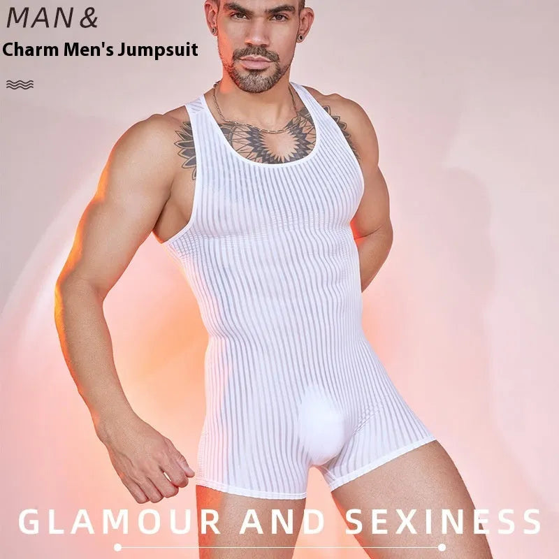 Men's striped jumpsuit in nylon fabric showing vertical pattern in available colours