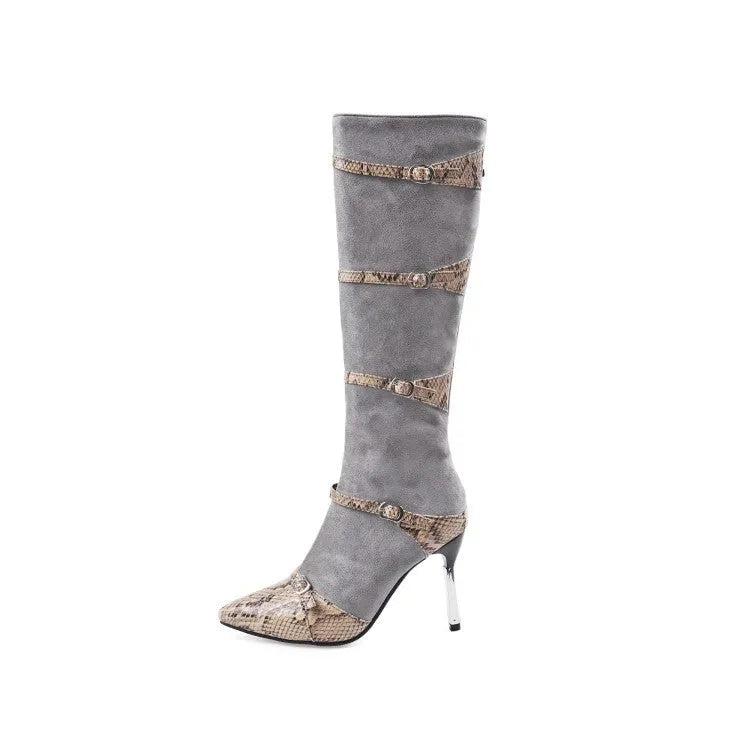 Women's knee-high boots with 9cm thin high heels in black or grey, showing PU surface and velvet lining