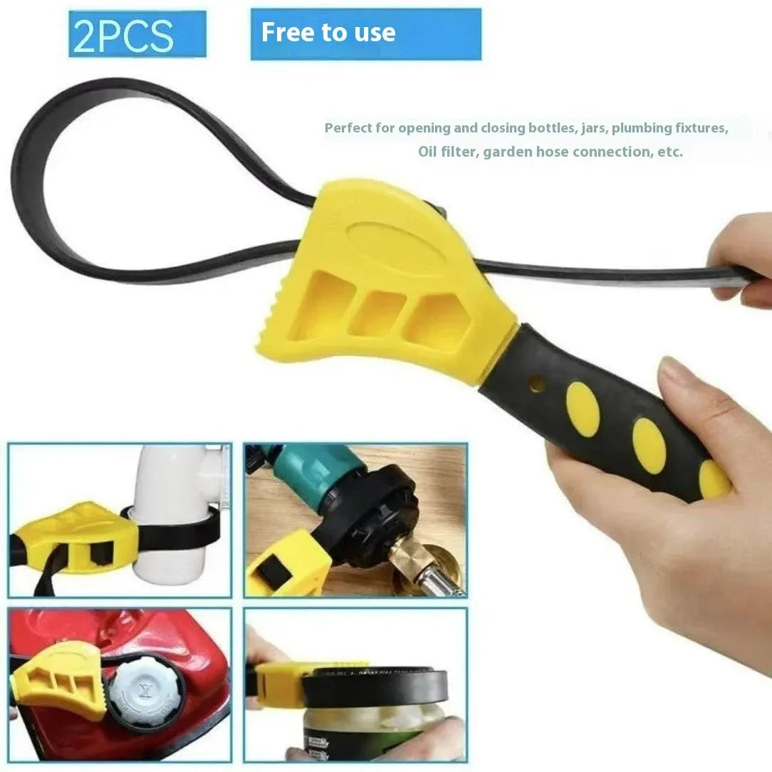 Adjustable rubber strap wrench set with phosphated finish, showing 6-inch and 8-inch sizes for filter and fitting maintenance
