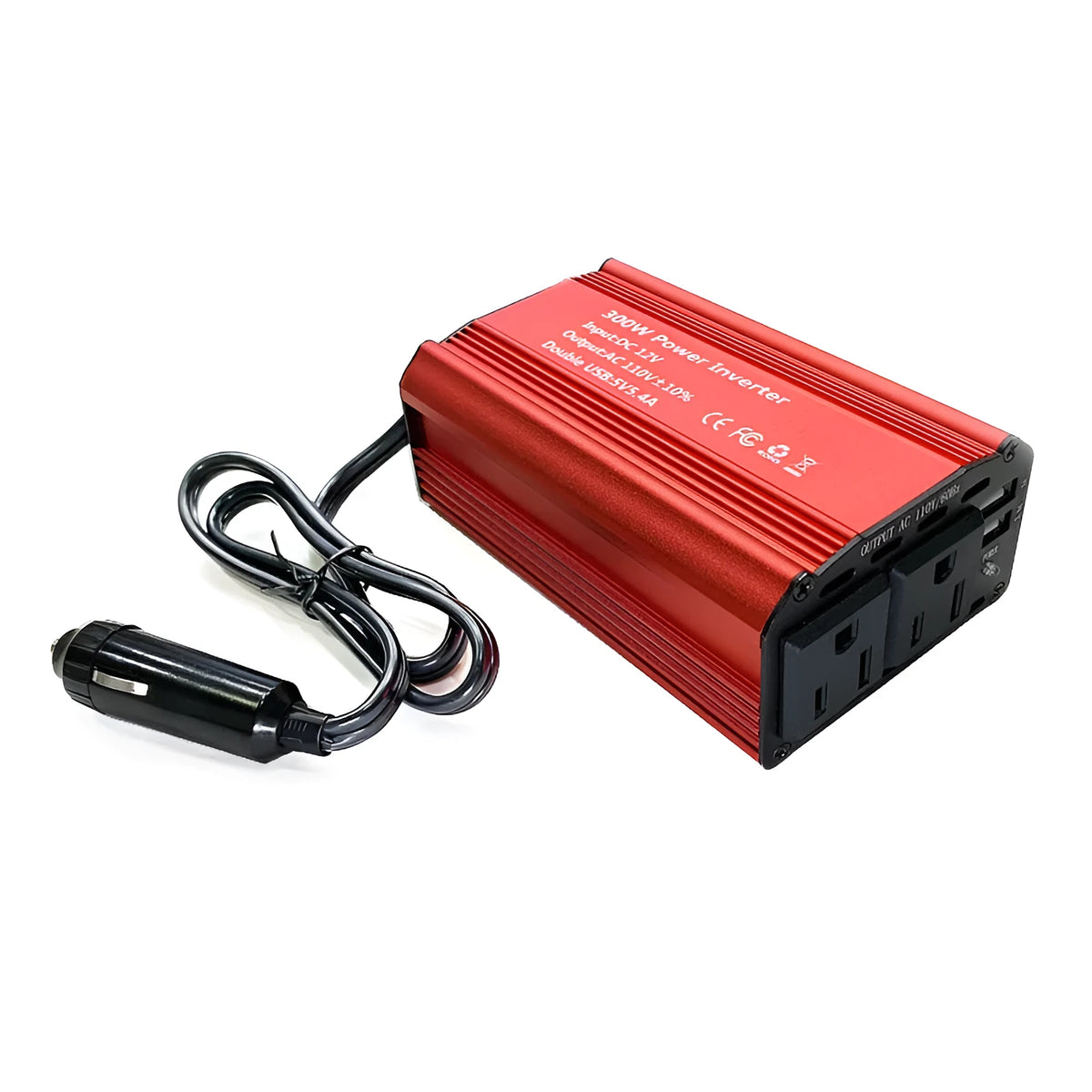 300W car inverter, 12V to 110V, dual USB ports, alloy body, 125 x 80 x 46mm, red or black