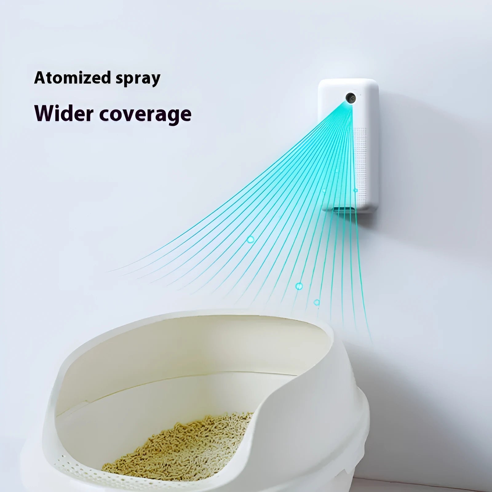 Smart Spray Odor Removal Machine for pet litter boxes, with battery compartment, mounting bracket, and purification liquid bottles.