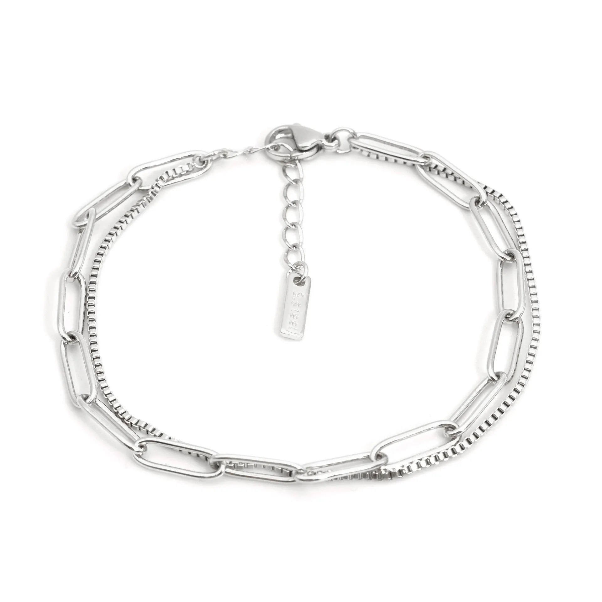 Double layer twin stainless steel bracelet in gold or silver with geometric line design.