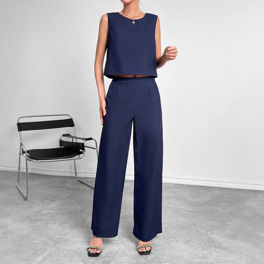 Red or navy blue sleeveless top and wide leg pants two-piece set in 100% polyester fabric