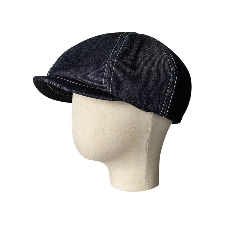 Black cotton beret with Japanese denim fabric in octagonal retro design for men and women