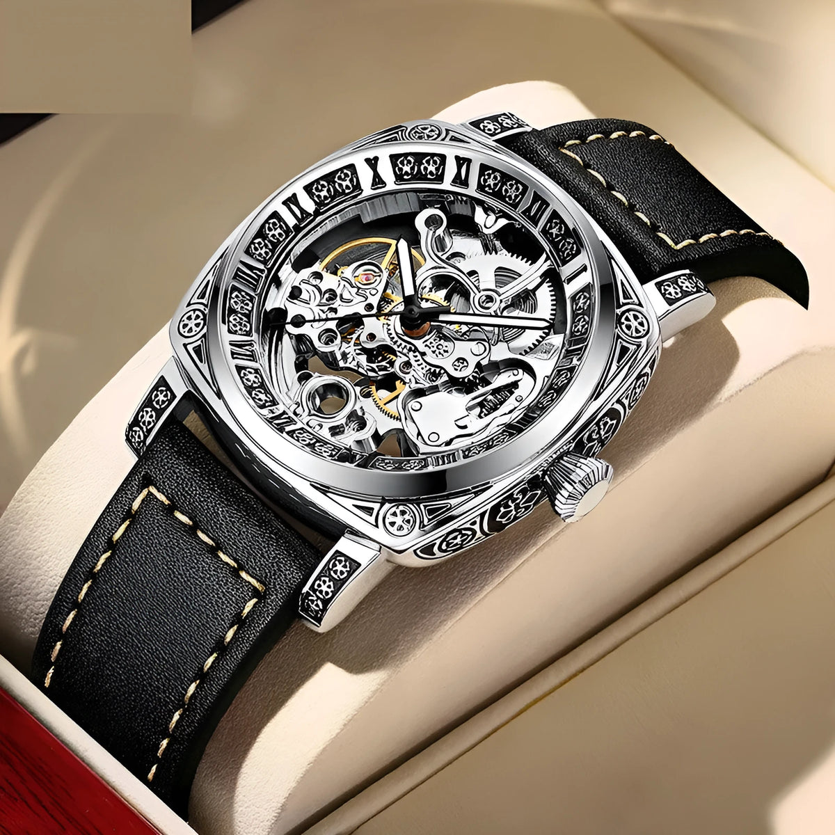 Men's mechanical business watch with 43mm dial, 14mm thick metal case, black leather strap, 30M water resistant