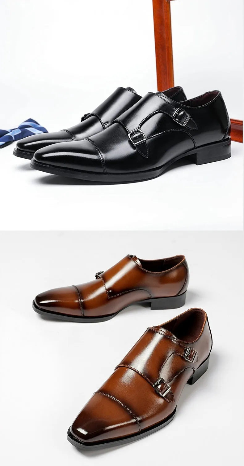 Men's black and light brown leather casual shoes with a square toe and low-top design