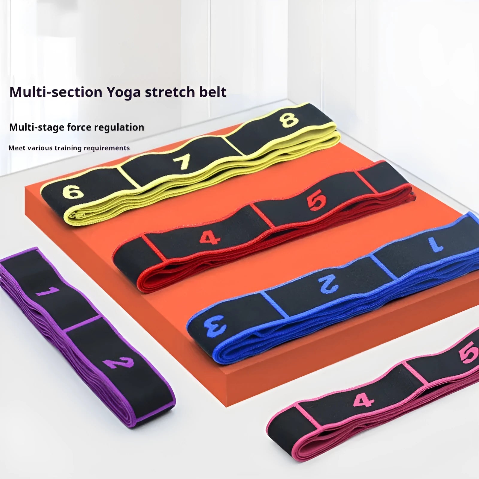 Yoga multi-section stretch strap in polyester cotton latex yarn with eight stretch sections