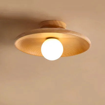 Aisle Ceiling Lamp in solid wood with glass shade, available in wood or walnut colour, diameters 18cm, 28cm, 35cm.