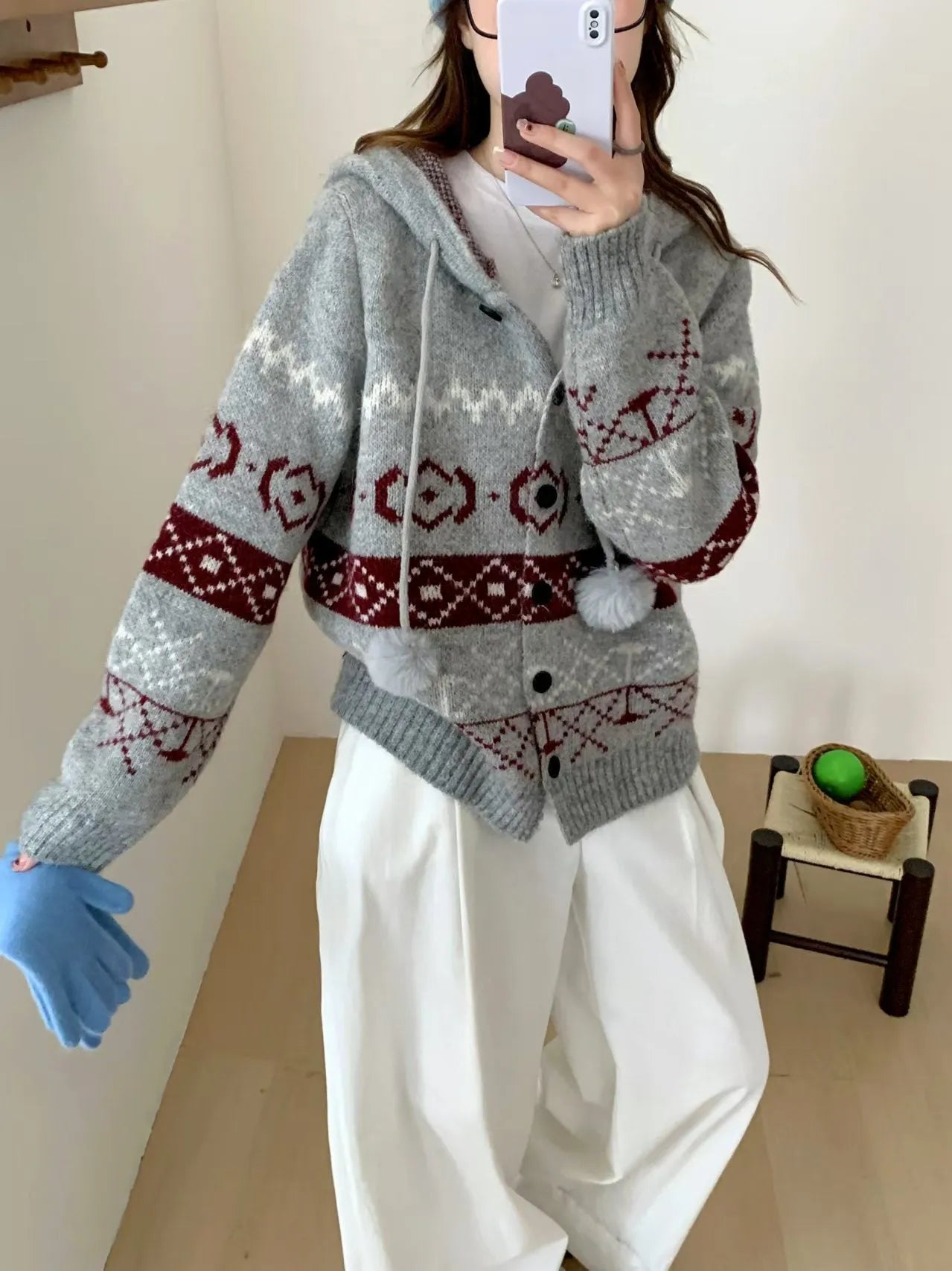 Idle Style brocade sweater coat with geometric pattern in milky white, loose fit plus size women's outerwear