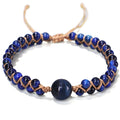 Hand-woven adjustable pull bracelet with 8mm blue tigereye or amethyst beads in geometry pattern