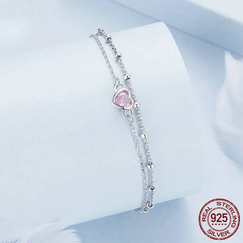 Sweet Girlish 925 sterling silver heart-shaped bracelet with adjustable chain and 6mm pendant