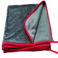 Grey car cleaning and pet bath towel with black hemmed edge, shown with a selection of different size options.