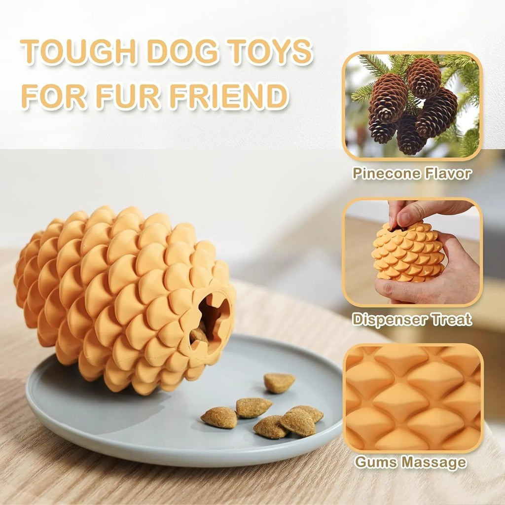 Pine cone-shaped yellow dog toy with treat dispenser, natural rubber, for medium to large dogs