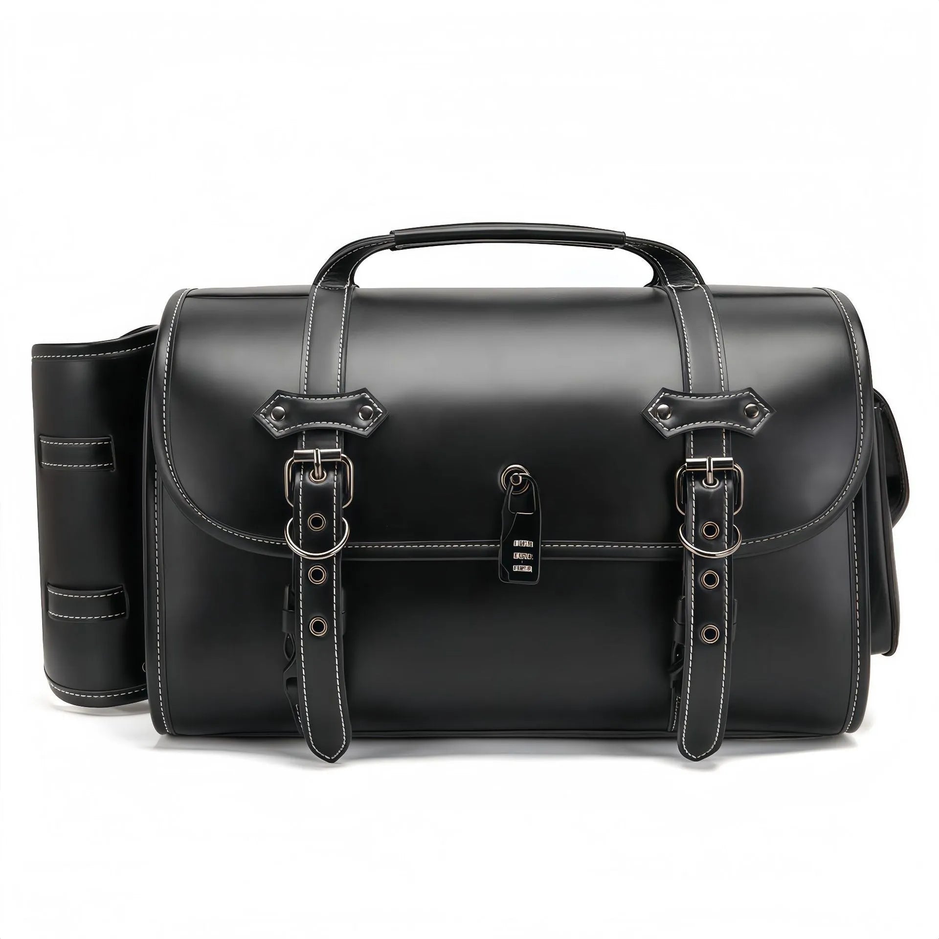 Dark punk motorcycle tail bag with coded lock mounted on cruiser motorcycle