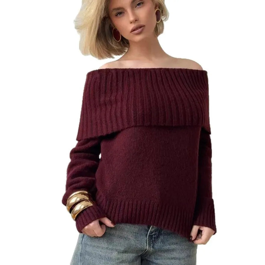 Off-the-shoulder grey sweater with 3D pattern and strapless design, showing regular sleeves and pullover style