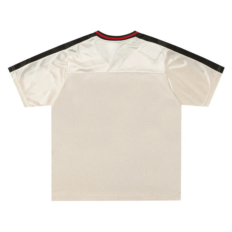 Apricot-coloured V-neck sports top with drop-shoulder sleeves and letter pattern, loose fit for leisure wear