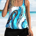 Blue tie-dyed women's floral split swimsuit with literature pattern, sizes 1XL-5XL, polyester fibre construction