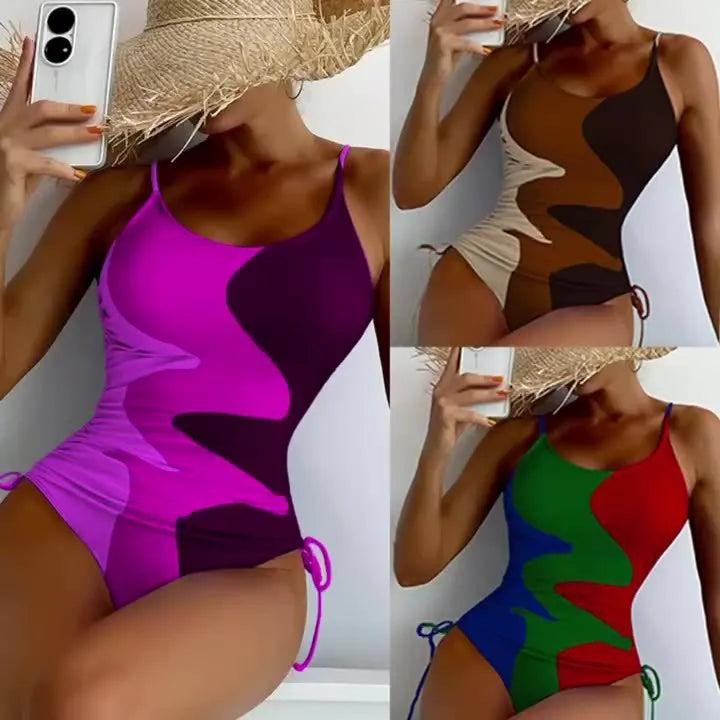Women's one-piece swimsuit in blue colour with sleeveless and backless design for swimming