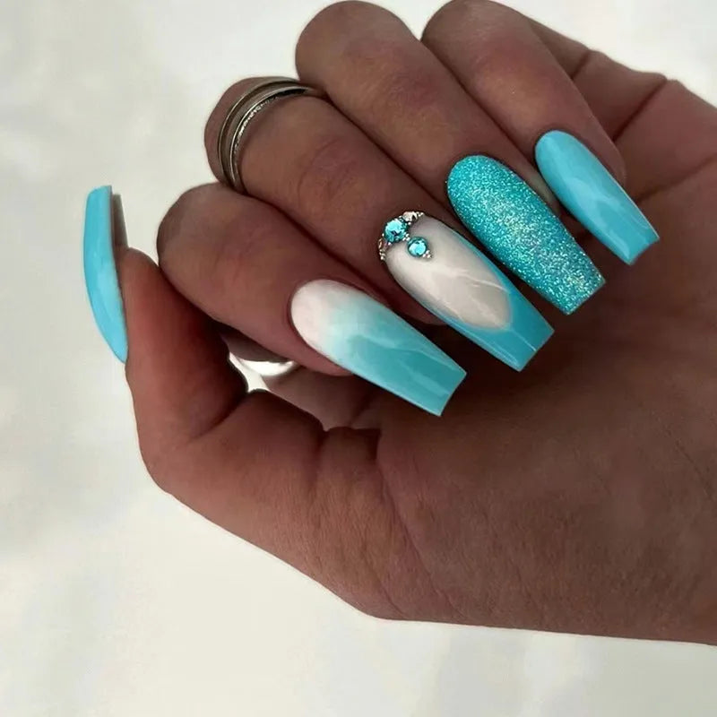 Solid colour long ballet false nails with blue diamond glue bottle, 24 pre-shaped patches