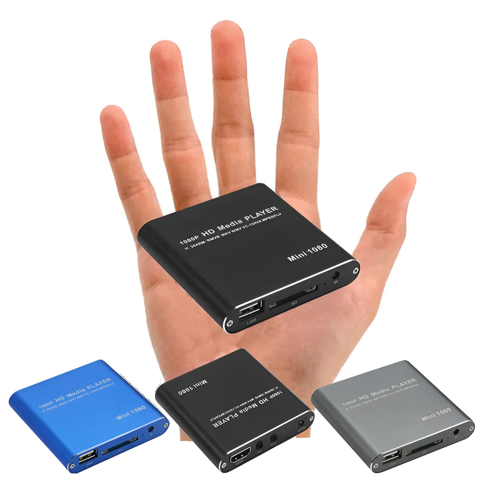 Compact black and blue Full HD 1080p media player with remote control on a wooden surface.