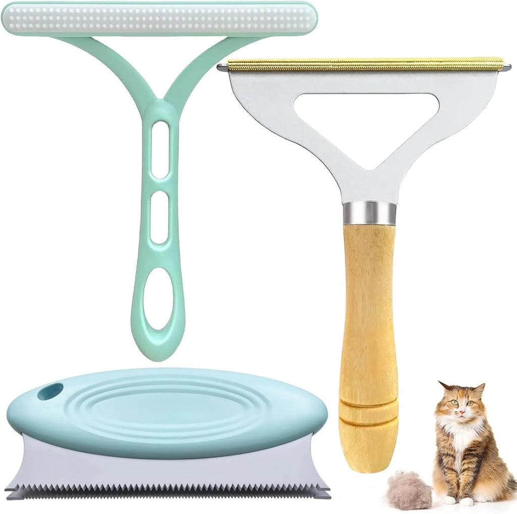 Three pet hair removal tools: metal lint remover, silicone brush and round cleaner with beech wood handle